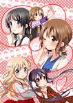  :&lt; :o akiyama_mio black_eyes black_hair blonde_hair blue_eyes blush brown_eyes brown_hair casual earmuffs hand_on_shoulder highres hirasawa_yui k-on! kotobuki_tsumugi long_hair mitsuki_meiya multiple_girls nakano_azusa one_eye_closed polka_dot polka_dot_background red_string short_hair short_ponytail string tainaka_ritsu twintails 