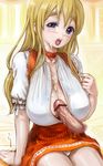  1girl anna_miller blonde_hair blue_eyes breasts censored choker cleavage cum cum_on_body cum_on_upper_body facial hetero huge_breasts k-on! kotobuki_tsumugi legs long_hair orange_skirt paizuri panties pantyshot penis rasukaru skirt solo_focus underwear waitress 