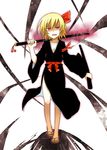  blonde_hair bow breasts cleavage fang feet hair_bow hair_ribbon highres japanese_clothes katana kimono open_mouth red_eyes ribbon rumia sandals scabbard shadow sheath short_hair small_breasts solo standing sword touhou weapon yutamaro 