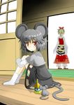  animal_ears animal_print bishamonten's_pagoda black_hair blonde_hair crossed_arms from_behind grey_hair hecchi_(blanch) highres looking_down mouse mouse_ears mouse_tail multicolored_hair multiple_girls nazrin red_eyes short_hair socks tail tiger_print toramaru_shou touhou two-tone_hair 
