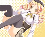  bad_id bad_pixiv_id beret black_legwear blonde_hair blush breasts dansa detached_sleeves drill_hair halftone halftone_background hat mahou_shoujo_madoka_magica medium_breasts panties smile solo striped striped_legwear thighhighs tomoe_mami twin_drills twintails underwear vertical-striped_legwear vertical_stripes white_panties yellow_eyes 