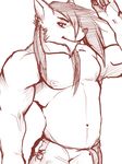  bulge canine cursedmarked hair looking_at_viewer male muscles pose red_wolf sketch solo standing topless wolf wolf_nanaki 