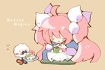  ahoge anthony_(madoka_magica) blush blush_stickers cake chibi closed_eyes cup flower food kaname_madoka long_hair mahou_shoujo_madoka_magica pink_flower pink_hair pink_rose rose sigh simple_background sitting spoilers ultimate_madoka wishbone yunomi 