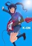  bad_id bad_pixiv_id black_hair closed_eyes electric_guitar guitar happy instrument k-on! lens_flare long_hair maeda_risou nakano_azusa open_mouth plectrum round_teeth school_uniform simple_background smile solo sun teeth twintails 