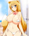  1girl animal_ears animal_tail areola_slip areolae bikini blonde_hair blue_eyes blush bow breasts cameltoe cleavage erect_nipples female fox_ears fox_tail huge_breasts long_hair micro_bikini navel open_mouth original solo sweat swimsuit tail wedge 