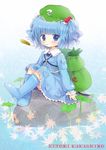  backpack bag blue_eyes blue_hair blush boots bow cattail child cucumber dress hair_bobbles hair_ornament hat kawashiro_nitori key leaf maple_leaf plant rubber_boots short_hair sitting solo string tona_(nekotte) touhou two_side_up 