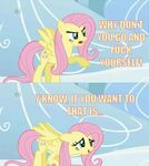  blush cutie_mark english_text equine female feral fluttershy_(mlp) friendship_is_magic fur hair image_macro long_hair mammal my_little_pony open_mouth pegasus pink_hair solo teal_eyes text unknown_artist wings yellow_fur 