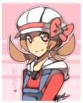  bow brown_hair cabbie_hat hat kotone_(pokemon) overalls pink_eyes pokemon pokemon_(game) pokemon_heartgold_and_soulsilver smile twintails 