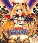  bad_id bat_wings blonde_hair candy green_eyes halloween hat original panties pemoko pumpkin striped striped_panties thighhighs underwear wings witch witch_hat 