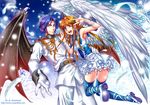  1girl absurdres angel angel_and_devil bat_wings blonde_hair blue_eyes blue_hair blue_legwear cross demon earrings feathers gloves highres jewelry jumping laughing long_hair necklace original short_hair sky smirk songwut_ouppakarndee thighhighs tree uniform white_gloves wings winter zettai_ryouiki 