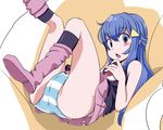  blue_eyes blue_hair boots cameltoe hikari_(pokemon) long_hair panties pink_footwear pokemon sazame_(sazame) solo striped striped_panties underwear 