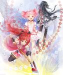  akemi_homura black_hair bow bubble_skirt detached_sleeves hair_bow injury jane_mere kaname_madoka long_hair magical_girl mahou_shoujo_madoka_magica miki_sayaka multiple_girls pantyhose pink_eyes pink_hair polearm ponytail red_eyes red_hair sakura_kyouko short_hair short_twintails skirt tears twintails weapon 