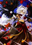  animal_ears bad_id bad_pixiv_id brown_eyes hakama hat highres inubashiri_momiji japanese_clothes leaf maple_leaf midriff motion_blur navel no_bra short_hair solo tokin_hat tora_jun touhou white_hair wings wolf_ears 