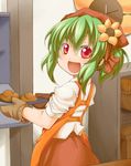  apron bad_id bad_pixiv_id bakery baking bread flower food gloves green_hair hair_flower hair_ornament head_scarf highres kashipam003 kazami_yuuka open_mouth oven_mitts red_eyes shirt shop sleeves_pushed_up smile solo touhou white_shirt younger 