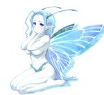  antennae barefoot blue_eyes blue_hair blue_skin blue_wings blush breasts butterfly_wings fairy hands_on_own_cheeks hands_on_own_face large_breasts legs long_hair navel original pointy_ears seiza shy simple_background sitting solo thighs topless ueyama_michirou underboob very_long_hair white_skin wings 