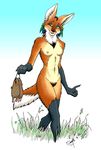  brace breasts bush canine claws cute female green_eyes hunter hunting maned_wolf nude orange piercing pubic_hair pussy rodents seraph solo standing tail teen tribal 