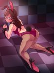  all_fours animal_ears ass bad_id bad_pixiv_id brown_hair bunny_ears bunny_girl bunny_tail checkered competition_swimsuit curvy e20 fishnet_pantyhose fishnets glasses green_eyes high_heels houzumi_satsuki legs long_hair looking_back one-piece_swimsuit original pantyhose shoes solo sweat swimsuit tail thighs wrist_cuffs 