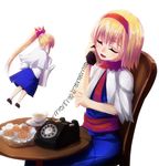  akai_ronii alice_margatroid alternate_hairstyle bad_id bad_pixiv_id closed_eyes doll phone ponytail rotary_phone shanghai_doll solo touhou 