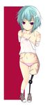  amputee bandage bandages blue_hair blush breasts cleavage female frown full_body off_shoulder original panties prosthesis purple_eyes scar shirt shoes short_hair solo striped striped_panties underwear white_background 