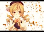  amnos18 bad_id bad_pixiv_id beret blonde_hair breasts drill_hair fingerless_gloves gloves hair_ornament hat large_breasts letterboxed magical_girl mahou_shoujo_madoka_magica petals puffy_sleeves ribbon smile solo tears tomoe_mami yellow_eyes 