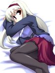  bad_id bad_pixiv_id breasts dress grey_hair hairband idolmaster idolmaster_(classic) large_breasts long_hair lying on_bed on_side pantyhose red_eyes shijou_takane skyle_(pixiv16230) solo 