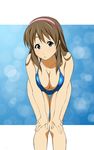 bikini blue_eyes breasts brown_hair cleavage dead_or_alive downblouse fukuoka_katsumi hairband hitomi_(doa) large_breasts leaning_forward long_hair solo swimsuit 