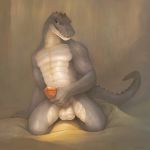  anthro balls crocodilian half-closed_eyes humanoid_penis klongi kneeling lizard male masturbation nude penis precum red_eyes reptile scales scalie sharp_teeth smile solo teeth 