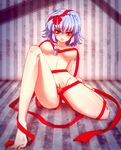  bad_id bad_pixiv_id barefoot blush braid breasts feet fusuma_(not_found) izayoi_sakuya leaning_back maid_headdress medium_breasts naked_ribbon nude red_eyes ribbon short_hair silver_hair sitting solo touhou twin_braids 