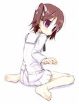  barefoot brown_hair feet full_body looking_back meito_(maze) original purple_eyes school_uniform short_hair sitting skirt solo twintails wariza 