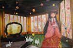  black_hair bunny highres houraisan_kaguya japanese_clothes john_(pixiv2830885) long_hair mirror oil_painting_(medium) red_eyes solo touhou traditional_media very_long_hair 