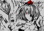  animal_ears bare_shoulders detached_sleeves hair_over_one_eye hat highres inubashiri_momiji mito_(calcomer) monochrome red_eyes short_hair solo spot_color tokin_hat touhou wolf wolf_ears 