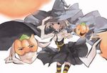  bad_id bad_pixiv_id blonde_hair blue_eyes el_shaddai enoch halloween hand_on_headwear hat mask okaasan_to_issho ponkan_8 pumpkin spoo striped striped_legwear thighhighs witch witch_hat 