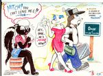  clothing crying cutoffs denim_shorts dress high_heels james_m_hardiman mammal minerva_mink mink mitch_beiro mustelid onyx onyx_(jmh) plain_background shorts skunk traditional_media white_background 