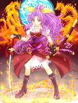  belt boots bow bracelet breasts cleavage dragon fingerless_gloves fire gloves hair_bow highres jewelry katana long_hair medium_breasts mickey_dunn purple_hair red_eyes revision scabbard sheath solo sword touhou watatsuki_no_yorihime weapon 