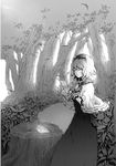  alice_margatroid bad_id bad_pixiv_id capelet closed_eyes forest greyscale maryo monochrome nature short_hair solo touhou tree_stump 