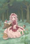  animal apple basket bird bow dress food forest fruit green_eyes highres long_hair nature open_mouth original pink_hair solo sorao1129 squirrel 