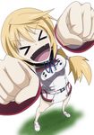  &gt;.&lt; &gt;_&lt; :d blonde_hair charlotte_dunois eyes_closed fang infinite_stratos long_hair open_mouth ponytail smile solo uniform xd 