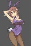  animal_ears arched_back armpits breasts brown_eyes brown_hair bunny_ears bunny_girl bunny_tail bunnysuit cleavage covered_navel highres large_breasts mature misaka_misuzu one_eye_closed pantyhose pinky_out short_hair simple_background solo tail to_aru_majutsu_no_index touryou wrist_cuffs 