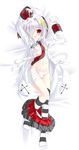  1boy ahoge bandage bandages bed blush bulge cross crossdress crossdressing dakimakura eyepatch highres lewisia_2 male male_focus navel necktie nekono nipples original panties red_eyes school_uniform short_hair silver_hair skirt sleeves_past_wrist sleeves_past_wrists solo striped striped_legwear striped_thighhighs thighhighs trap underwear undressing 