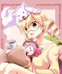  alternate_costume bespectacled black_tea blonde_hair blush_stickers book casual charlotte_(madoka_magica) checkerboard_cookie collarbone cookie cup drill_hair eating food glasses kyubey mahou_shoujo_madoka_magica mouth_hold object_on_head open_mouth pince-nez reading semi-rimless_eyewear takitsume_shino tea teacup tomoe_mami twin_drills twintails under-rim_eyewear yellow_eyes 