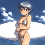  aaaa bikini blue_eyes blue_hair blush breasts cloud day highleg highleg_bikini highleg_swimsuit highres medium_breasts navel saitou_nagisa shinryaku!_ikamusume short_hair sky solo surfboard swimsuit 