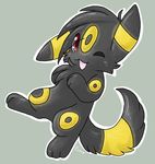  feral fur grey_fur male markings nintendo one_eye_closed pok&#233;mon pok&eacute;mon pose rannoyin red_eyes smile solo umbreon video_games wink yellow_markings 