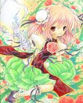  bandages bun_cover chinese_clothes double_bun dress flower ibaraki_kasen marker_(medium) mouth_hold pink_flower pink_hair pink_rose red_eyes red_flower red_rose rose sakurai_tamako shikishi shoes short_hair short_sleeves solo tabard touhou traditional_media white_legwear 