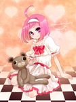  arm_support bad_id bad_pixiv_id checkered choco_(rio) dress hairband heart hiyo_(hinauf) mint_clark pink_eyes pink_hair rio_-rainbow_gate!- short_hair solo stuffed_animal stuffed_toy super_blackjack teddy_bear 