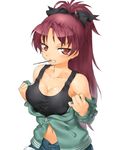  bow breasts cleavage collarbone face food grin hair_bow hands large_breasts long_hair mahou_shoujo_madoka_magica mouth_hold naughty_face navel onsoku_maru pocky ponytail red_eyes red_hair sakura_kyouko smile solo 
