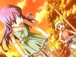  :d bangs bare_shoulders basket bicycle bicycle_basket blonde_hair blunt_bangs dress dutch_angle flat_chest furude_rika game_cg green_dress ground_vehicle hairband higurashi_no_naku_koro_ni houjou_satoko long_hair looking_at_another multiple_girls open_mouth orange_sky outdoors phone pink_shirt power_lines purple_eyes purple_hair rato red_eyes riding shirt short_hair shorts sky sleeveless sleeveless_dress sleeveless_shirt smile sunset tree twilight 