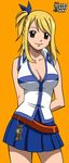  1girl absurdres arms_behind_back bare_shoulders belt black_eyes blonde_hair blue_skirt breasts cleavage earrings fairy_tail highres jewelry key keyring large_breasts legs looking_at_viewer lucy_heartfilia no_bra orange_background short_hair side_ponytail simple_background skirt smile solo standing 