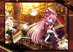  black_legwear book bow brown_eyes catbell character_name crescent cup flower hair_bow hat instrument library light_smile long_hair mini_hat mini_top_hat patchouli_knowledge petals piano pouring purple_hair solo tea teacup teapot thighhighs top_hat touhou voile zettai_ryouiki 