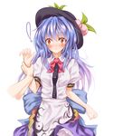  1girl arm_grab blue_hair blush hat highres hinanawi_tenshi kamumiya long_hair o_o red_eyes solo surprised touhou 