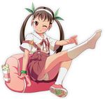  bakemonogatari blush bracelet green_ribbon hachikuji_mayoi hair_ribbon hairband jewelry monogatari_(series) one_eye_closed panties red_eyes ribbon shoes single_shoe sitting skirt socks solo take-zz twintails underwear white_legwear white_panties wristband 